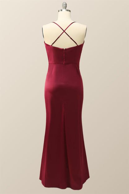Cowl Neck Wine Red Straps Long Evening Dress