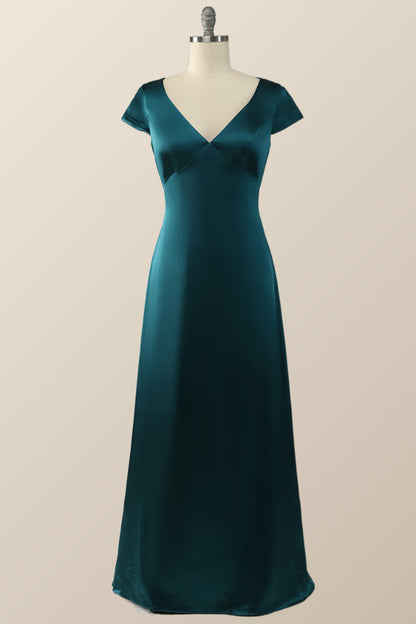 Cap Sleeves Dark Green Satin Long Bridesmaid Dress