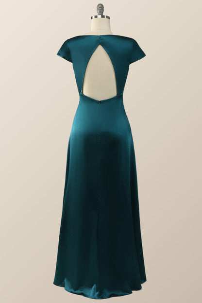 Cap Sleeves Dark Green Satin Long Bridesmaid Dress