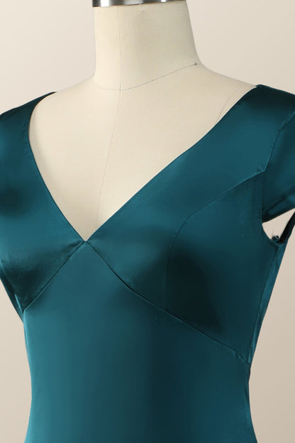 Cap Sleeves Dark Green Satin Long Bridesmaid Dress