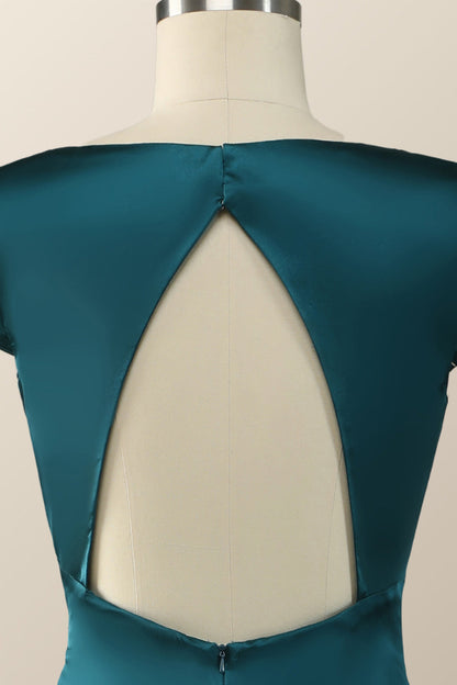 Cap Sleeves Dark Green Satin Long Bridesmaid Dress