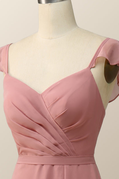 Blush Pink Ruffled Flare Sleeve Chiffon Long Bridesmaid Dress