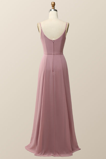 Blush Pink Cowl Neck Chiffon Long Bridesmaid Dress