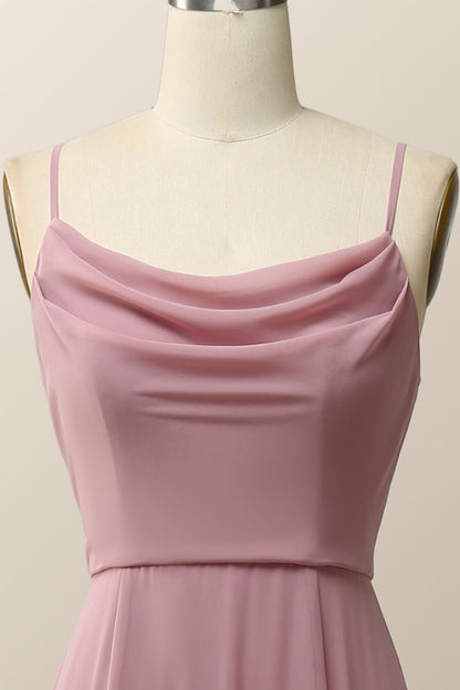 Blush Pink Cowl Neck Chiffon Long Bridesmaid Dress