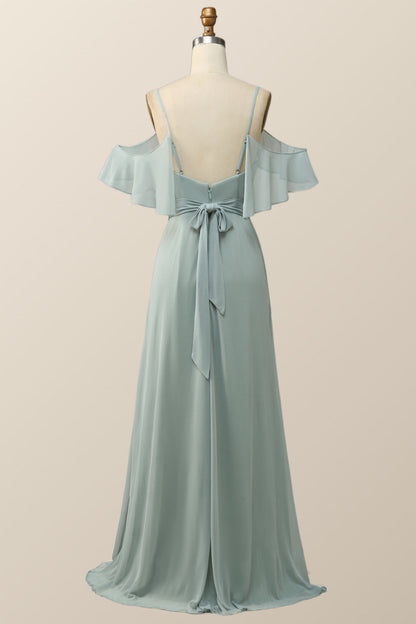 Cold Sleeves Green Chiffon Pleated Long Bridesmaid Dress