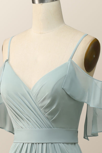 Cold Sleeves Green Chiffon Pleated Long Bridesmaid Dress