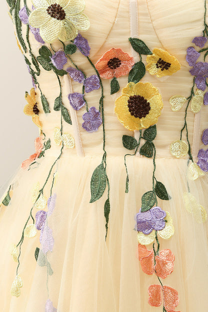 Floral Embroidered Champagne Tulle Short Homecoming Dress
