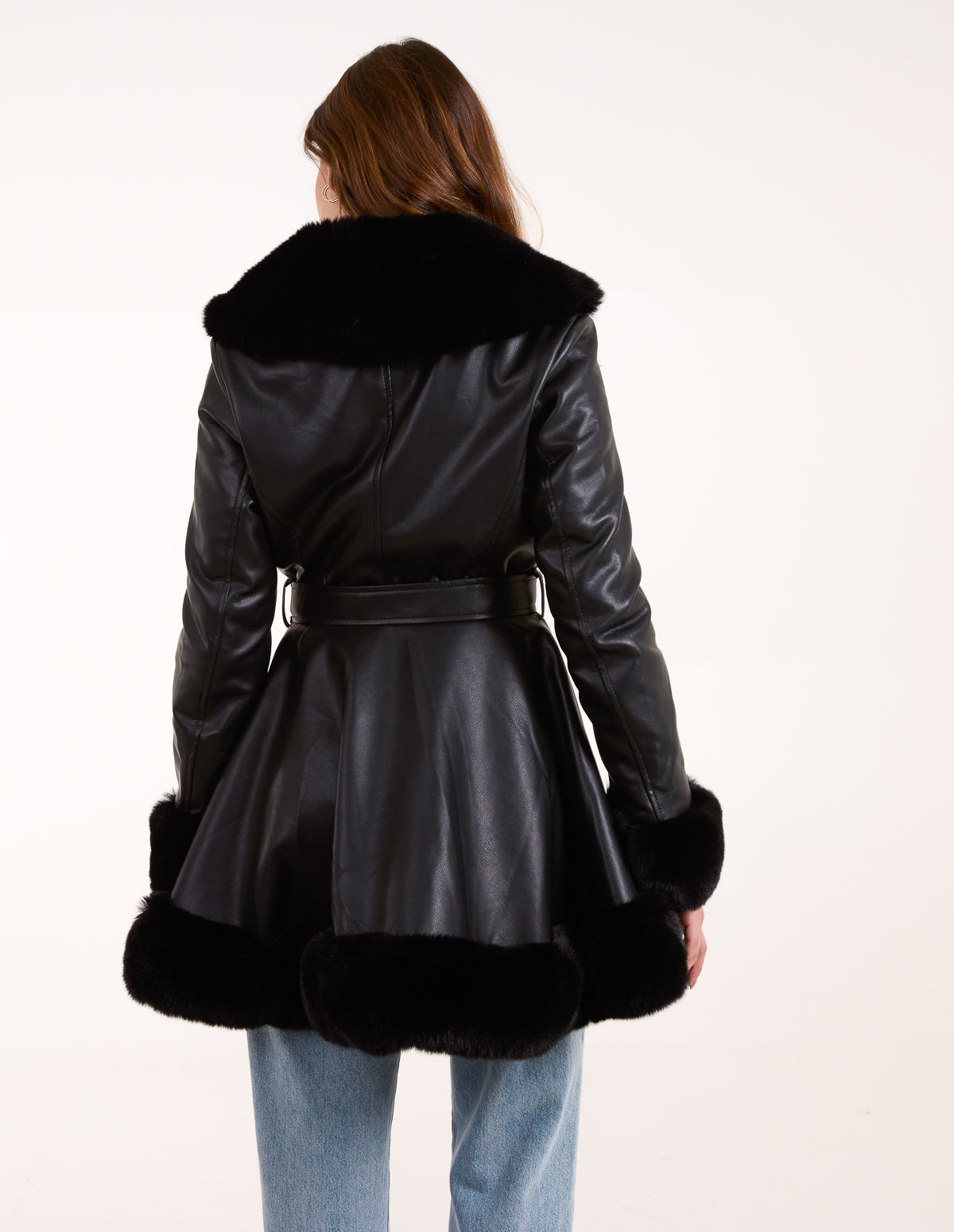 PU Faux Fur Trimmed Belted Coat