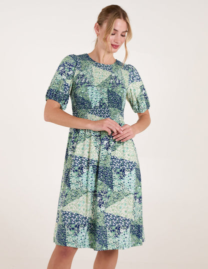 Shirred Bust Puff Sleeve Patchwork Mini Dress