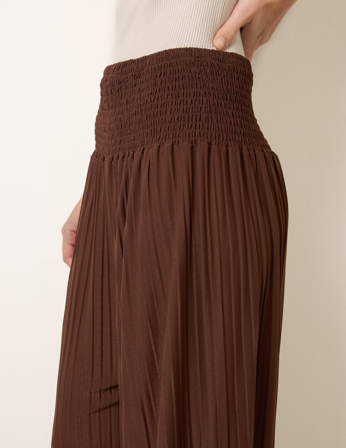 Shirred Waist Pleated Wide Leg Trousers