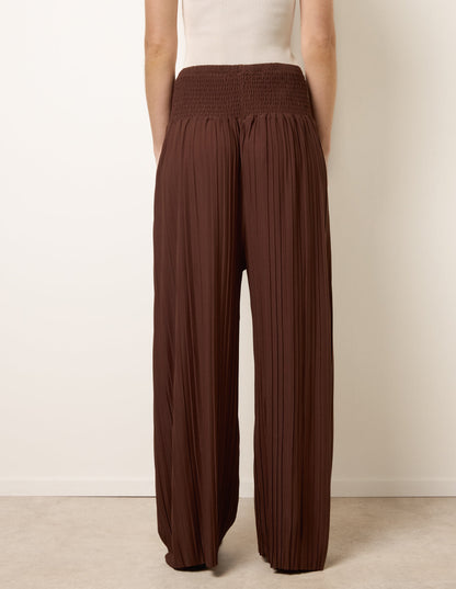 Shirred Waist Pleated Wide Leg Trousers