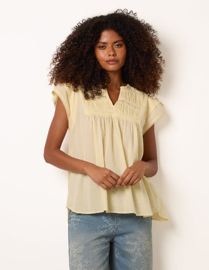 Cotton Embroidery Detail Ruffle Sleeve Top