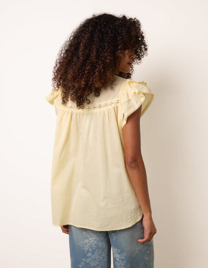Cotton Embroidery Detail Ruffle Sleeve Top