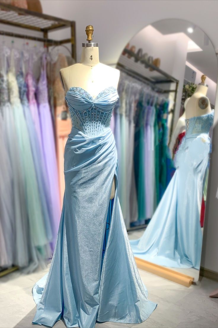 Beaded Light Blue Corset Mermaid Long Formal Dress