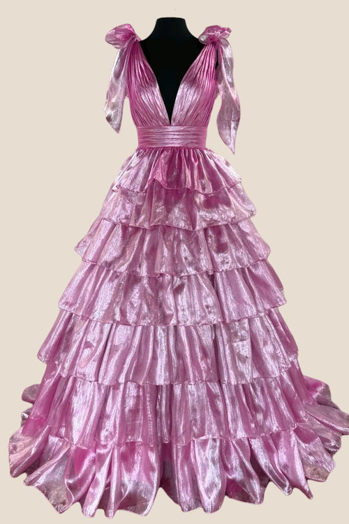 Bow Tie Pink Tiered A-line Long Dress with Slit