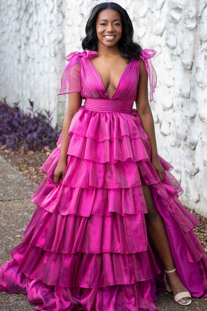 Bow Tie Pink Tiered A-line Long Dress with Slit