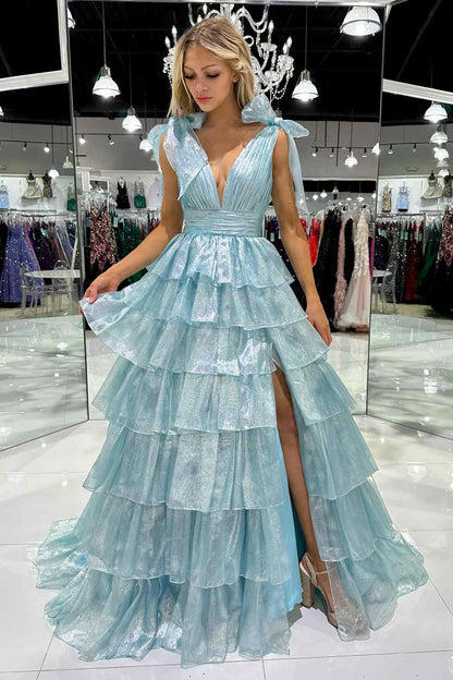 Bow Tie Pink Tiered A-line Long Dress with Slit