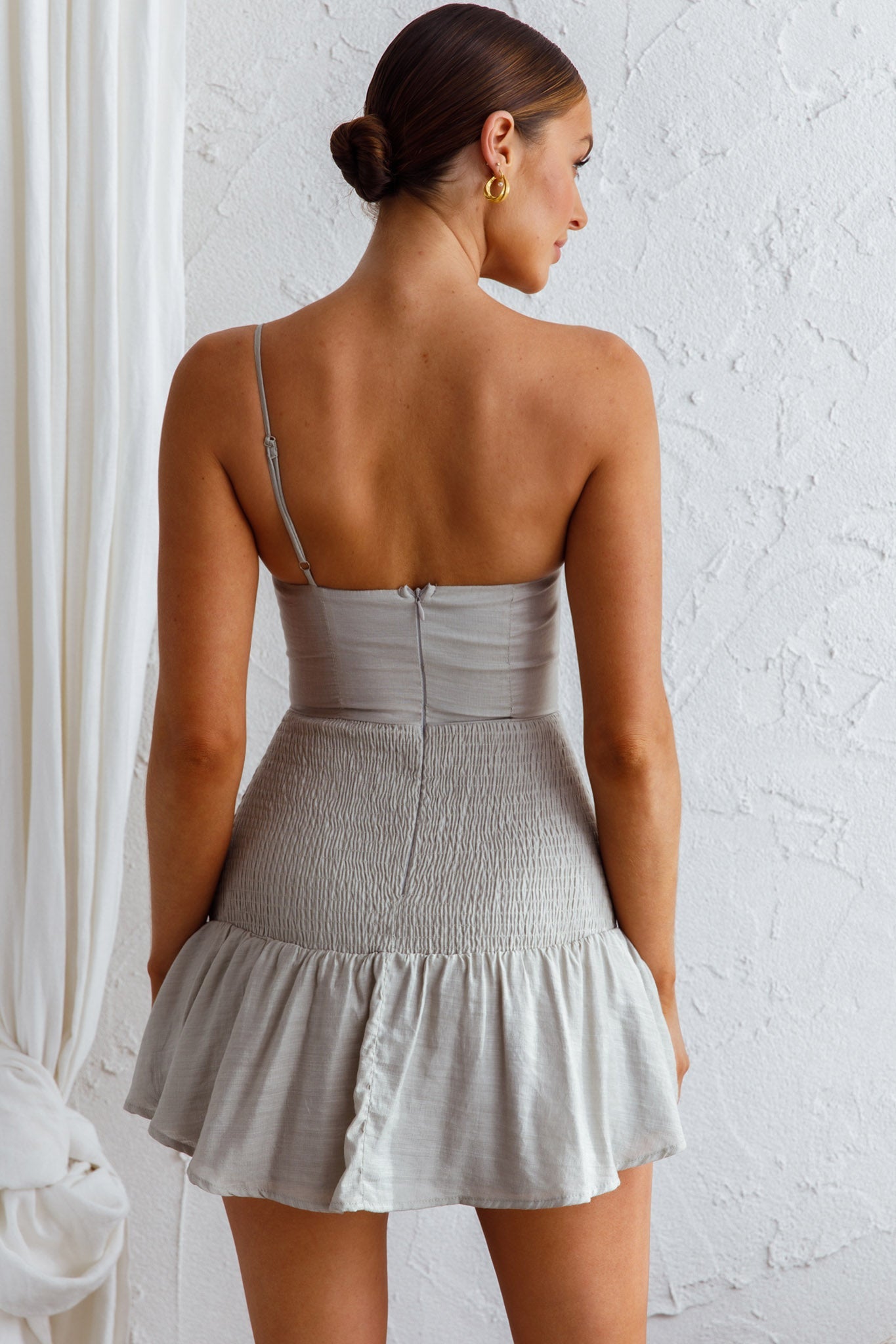 Bridie One Shoulder Shirred Mini Dress Pistachio