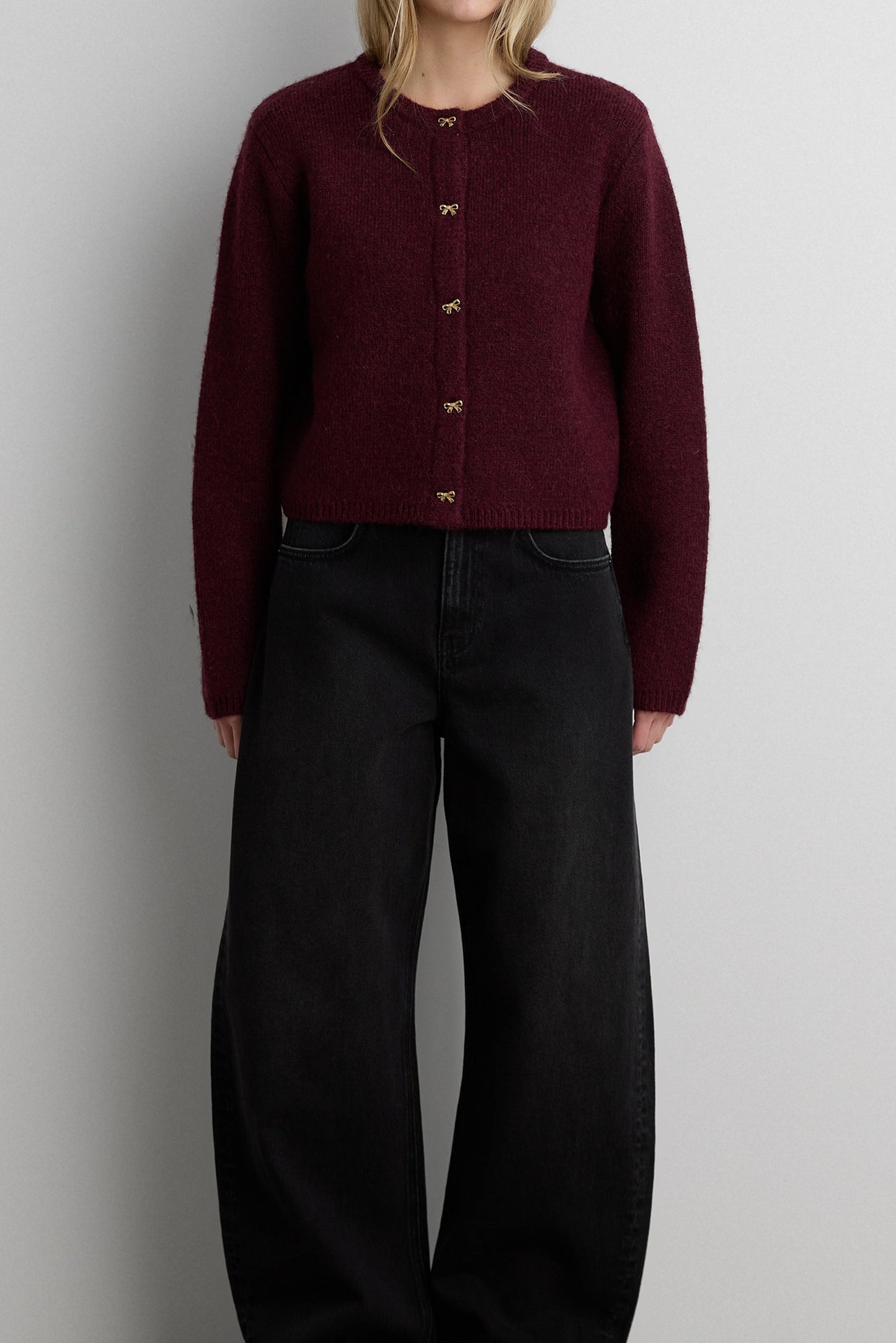 BOW BUTTON FRONT WOOL-BLEND CARDIGAN