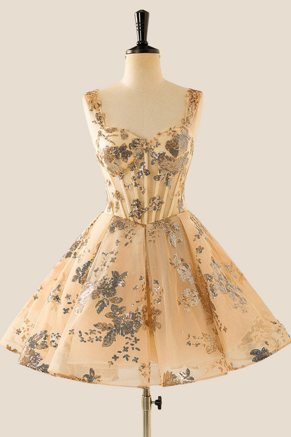 Champagne Sequin Appliques A-line Short Dress