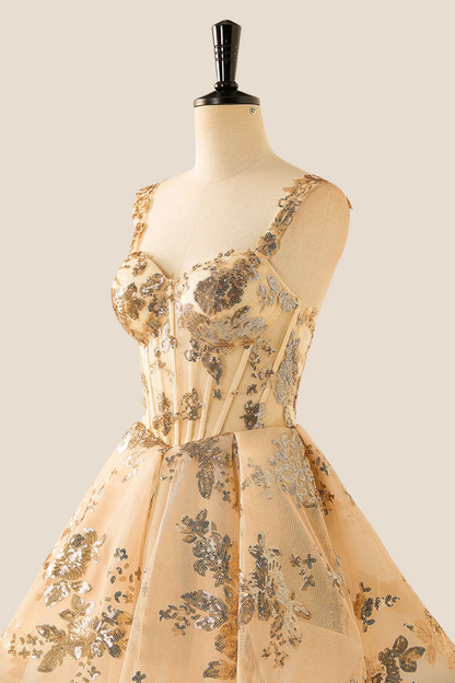 Champagne Sequin Appliques A-line Short Dress