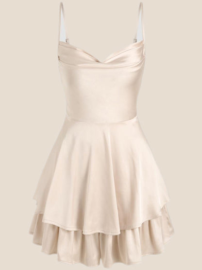 Cowl Neck Light Champagne Ruffles Short Princess Dress