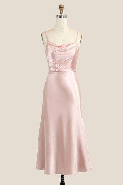 Cowl Neck Light Pink Back Tie Long Dress