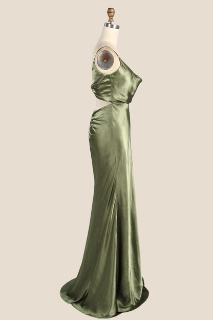 Cowl Neck Moss Green Open Back Long Dress