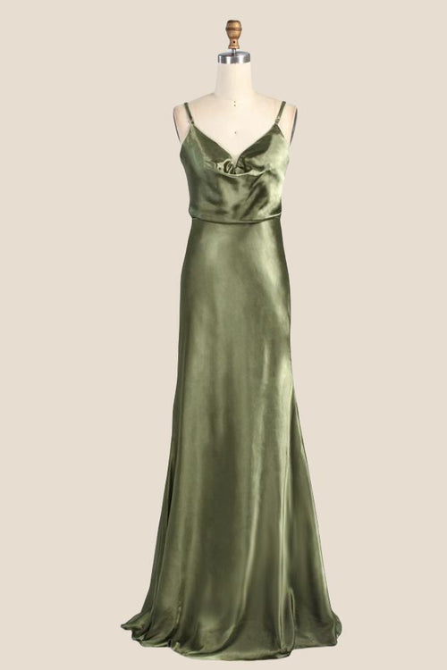 Cowl Neck Moss Green Open Back Long Dress