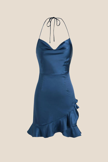 Cowl Neck Navy Blue Ruffle Hem Short Dress