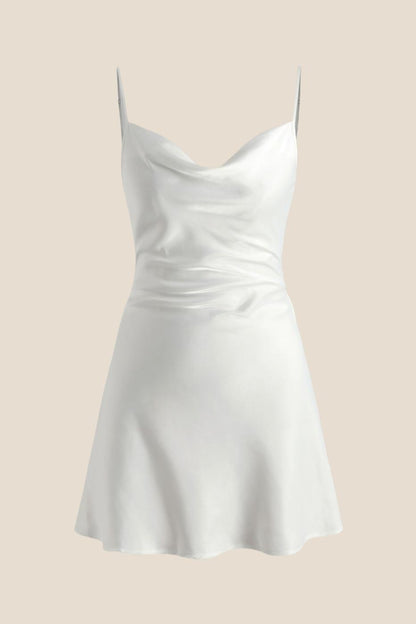 Cowl Neck White Back Tie A-line Short Dress