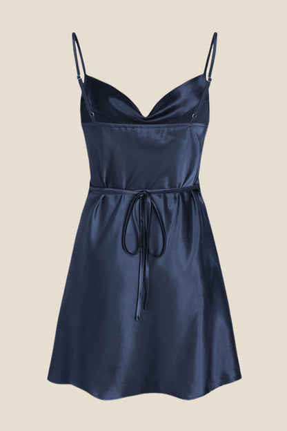 Cowl Neck White Back Tie A-line Short Dress