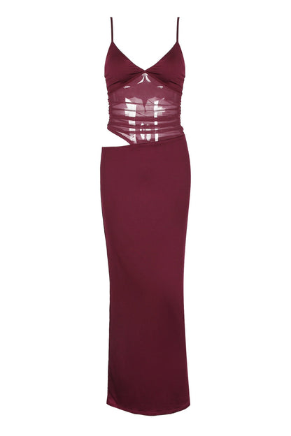Burgundy Sheer Cutout Fitted Dress