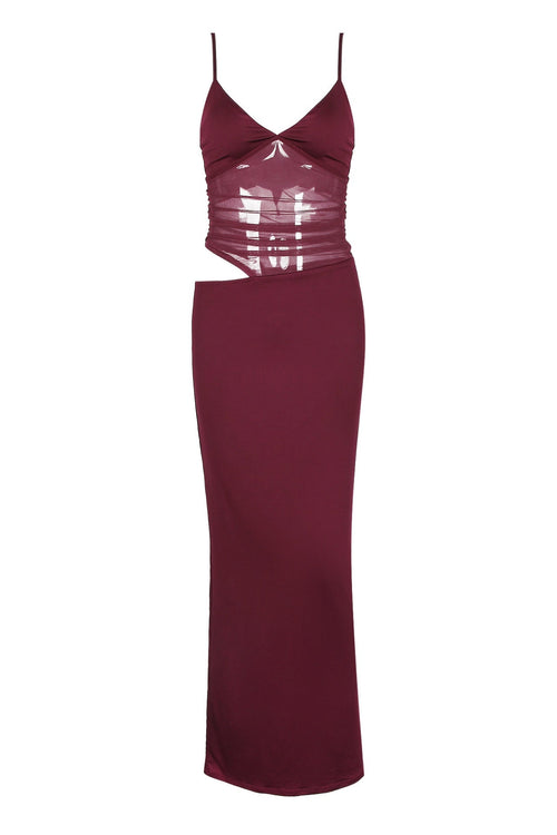 Burgundy Sheer Cutout Fitted Dress