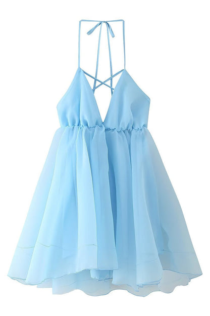 Blue V Neck A-line Short Dress