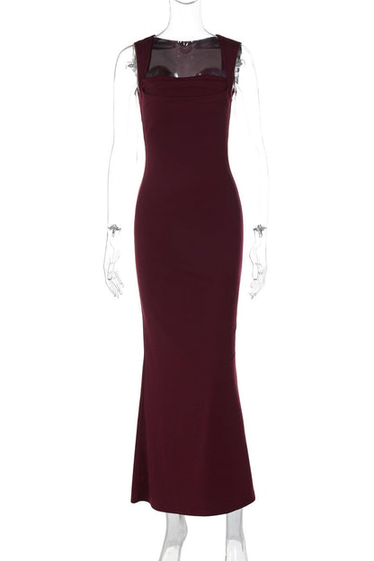 Burgundy Cap Sleeves Fittted Long Dress