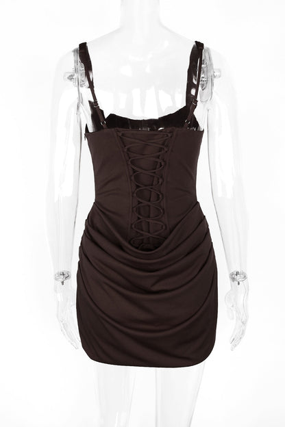 Brown Square Neck Ruched Tight Short Dress