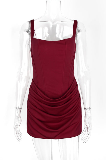 Brown Square Neck Ruched Tight Short Dress