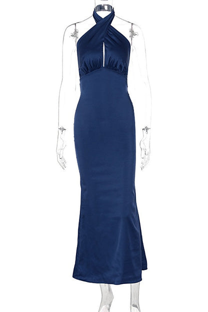 Burgundy Satin Halter Fitted Long Dress