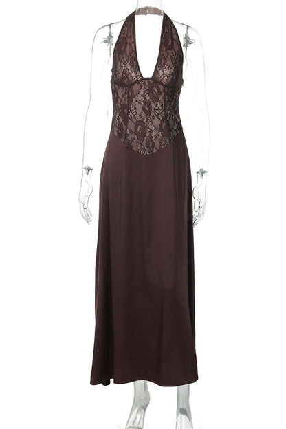 Halter Brown Lace Column Long Dress