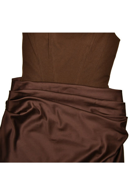 Brown Square Fitted Draped Long Dress