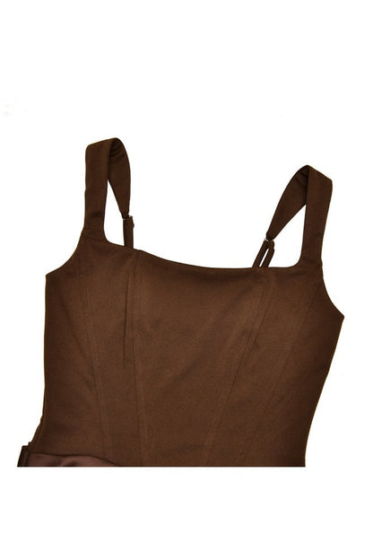 Brown Square Fitted Draped Long Dress