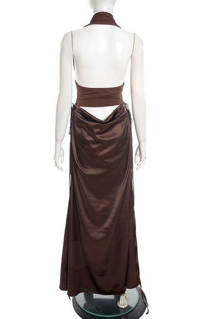 Brown Halter Draped Satin Dress