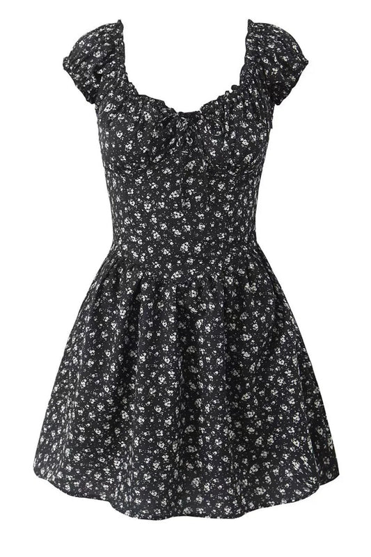 Black Floral Cap Sleeve Ruched Long Dress