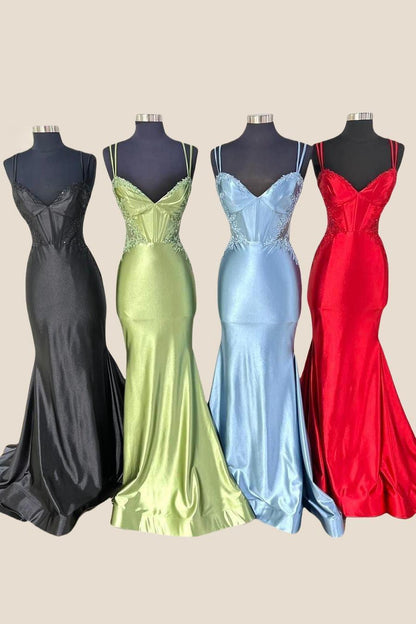 Double Straps Dusty Blue Appliques Long Dress
