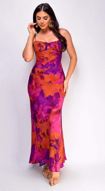 Kaelie Multicolor Chiffon Print Maxi Dress - Purple