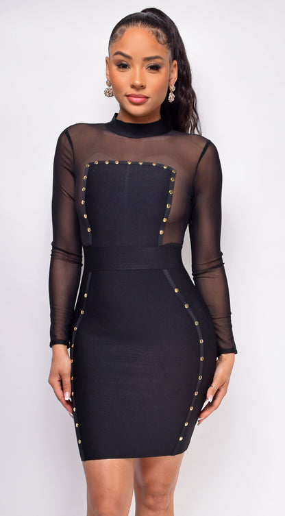 Luella Black Bandage Mesh Long Sleeves Stud Dress
