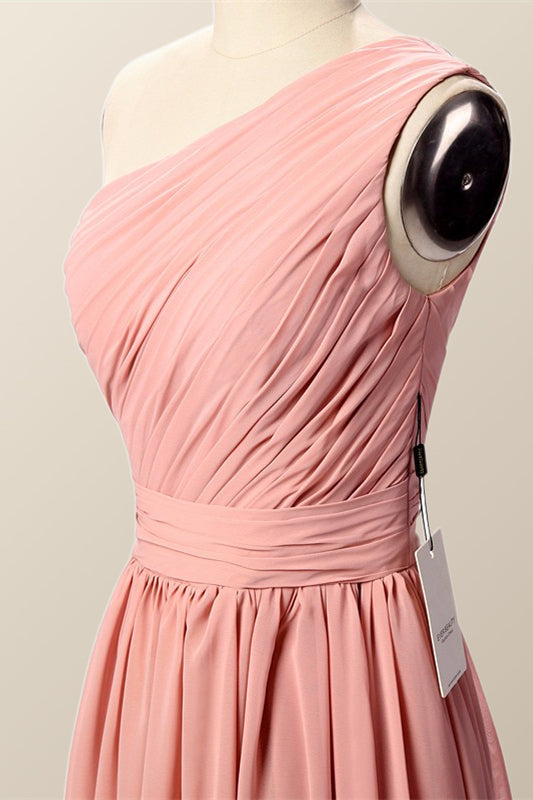 One Shoulder Blush Pink Pleated Long Bridesmaid Dress
