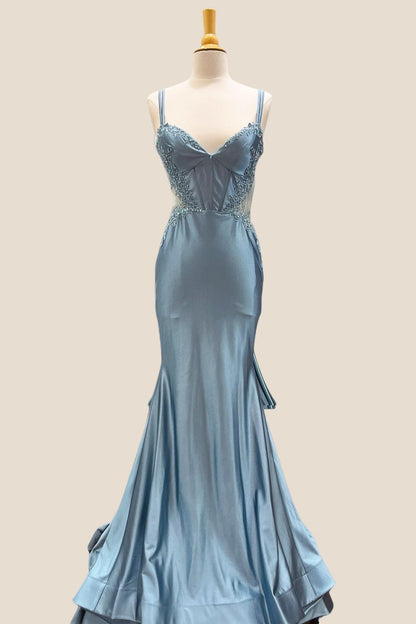 Double Straps Dusty Blue Appliques Long Dress