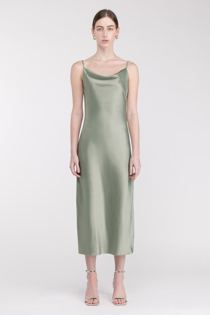 COWL NECK SATIN MIDI DRESS